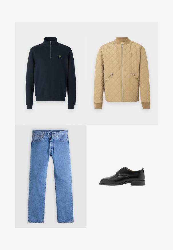 Cazadora bomber acolchada en beige claro, con cuello y puños de canalé, cierre frontal con cremallera y bolsillos laterales inclinados con cremalleras metálicas.; Sudadera con cremallera en color navy, fabricada en tejido suave, con un alto cuello, puños de canalé y un pequeño parche con logo verde en el pecho.; Vaqueros de mezclilla azul claro con diseño de pierna recta, cinco bolsillos y cierre de dos botones. Presentan un desvanecimiento mínimo y costuras en contraste.; Zapato de vestir masculino de cuero negro con cordones cerrados, tacón bajo apilado y tira para tirar en la parte trasera, mostrado de perfil.