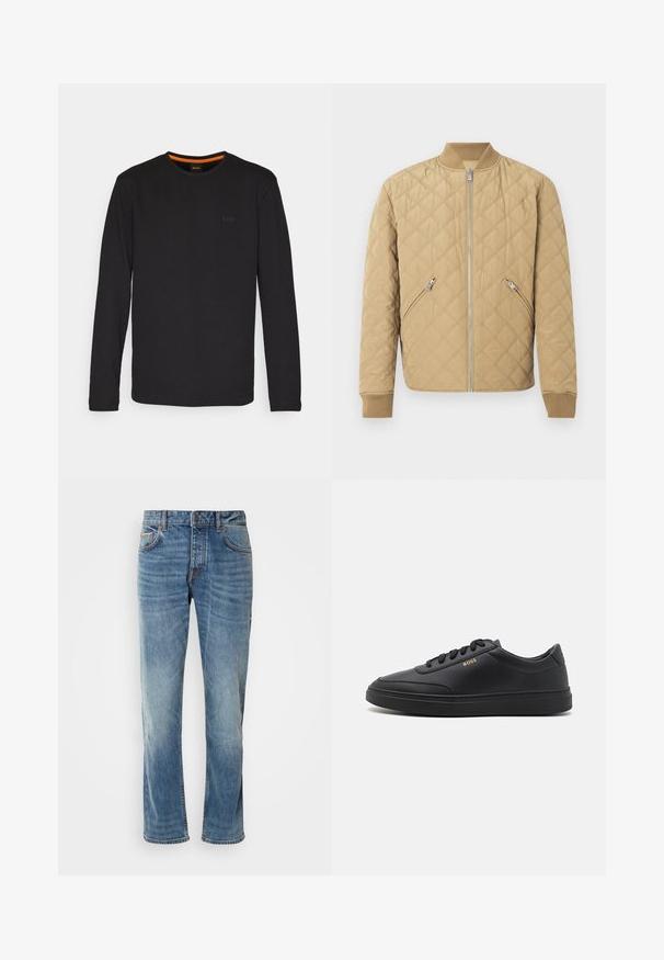 Cazadora bomber acolchada en beige claro, con cuello y puños de canalé, cierre frontal con cremallera y bolsillos laterales inclinados con cremalleras metálicas.; Camiseta negra de manga larga hecha de una tela suave, con escote redondo y un pequeño logo en relieve en el pecho con un acento naranja en el interior del cuello.; Jeans de denim azul claro con piernas rectas, cinco bolsillos, costuras en contraste y un acabado desgastado. Cuenta con un cierre de botón y cremallera.; Zapatillas de cuero negro con una textura suave, punta redondeada, suela plana de goma y cordones a tono. Presentan el logotipo dorado "BOSS" en el lateral.