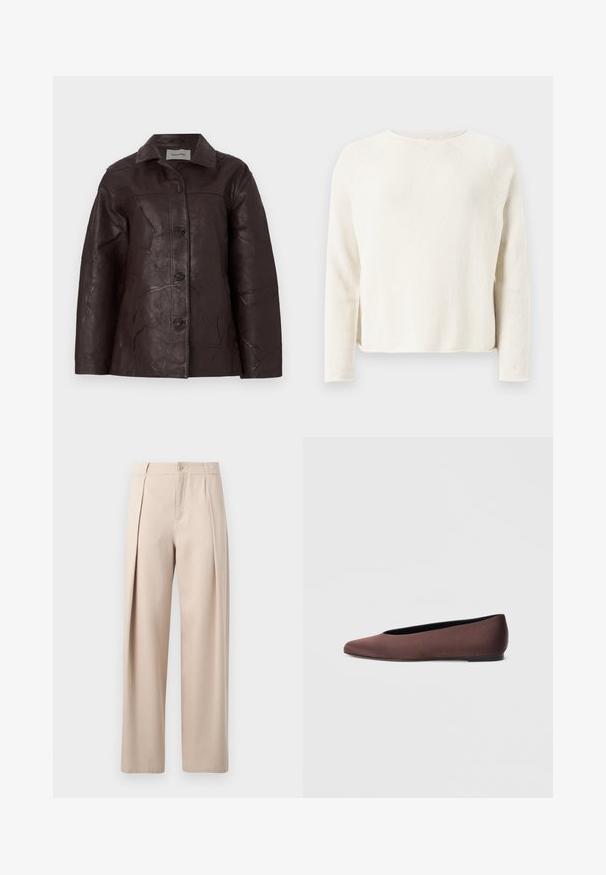 Veste en cuir marron foncé avec une texture froissée, fermetures à boutons et col, présentant une coupe droite et des détails de couture subtils.; Pull en tricot couleur crème à manches longues avec col rond et discrètes fentes latérales, présenté sur un fond gris clair.; Pantalon beige à coupe droite, avec deux plis devant, une braguette à boutons et une texture lisse. Aucune poche visible sur l'image.; Ballerines en tissu marron avec un bout pointu et une texture lisse, dotées d'un talon bas et d'une fine semelle noire. Aucune motif ni élément métallique visible.