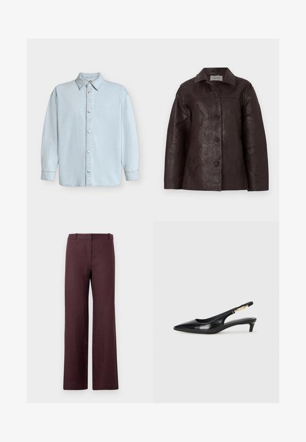 Veste en cuir marron foncé avec une texture froissée, fermetures à boutons et col, présentant une coupe droite et des détails de couture subtils.; Chemise en denim bleu clair à manches longues avec col et fermeture par boutons-pression argentés sur le devant.; Pantalon droit marron foncé avec une ceinture et une fermeture avant cachée, présenté sur un fond clair uni.; Talons hauts en cuir noir avec un bout pointu, dotés d'un talon fin et d'un accent en ton or sur la lanière réglable. Texture lisse.