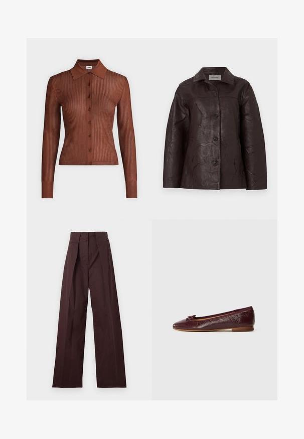 Veste en cuir marron foncé avec une texture froissée, fermetures à boutons et col, présentant une coupe droite et des détails de couture subtils.; Chemise marron côtelée à manches longues avec boutons, col, coupe slim et texture tricotée contrastante aux poignets et à l'ourlet.; Pantalon taille haute marron foncé ajusté avec jambes larges et plis avant, présenté à plat sur un fond clair.; Ballerine en cuir bordeaux avec un bout pointu, un petit nœud décoratif et une finition texturée. Petit talon en bois.