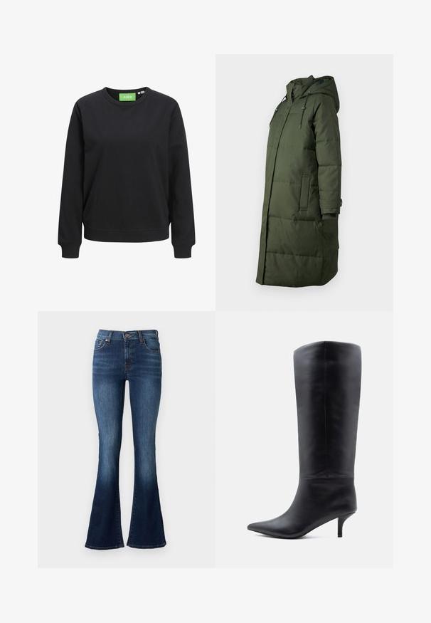 Pitkä, tummanvihreä untuvatakki, jossa on huppu, etupocketit ja joustavat hihansuut, valmistettu sileästä ja kestävästä materiaalista.; Musta crewneck huppari, valmistettu puuvillasta. Siinä on ribbireunat hihansuissa ja helmassa, ja kauluksessa on vihreä tag-lappu, jossa lukee "JJXX".; Siniset leveälahkeiset farkut, valmistettu denimistä. Ominaisuuksiin kuuluu korkea vyötärö, viisi taskua ja hienovarainen haalistuminen helman lähellä. Väriltään erottuva ompelu.; Musta, polven korkeudelle ulottuva nahkainen naisten saapas, jossa on terävä kärki ja kapea keskipitkä korko, esitetty sivuprofiilissa valkoisella taustalla.