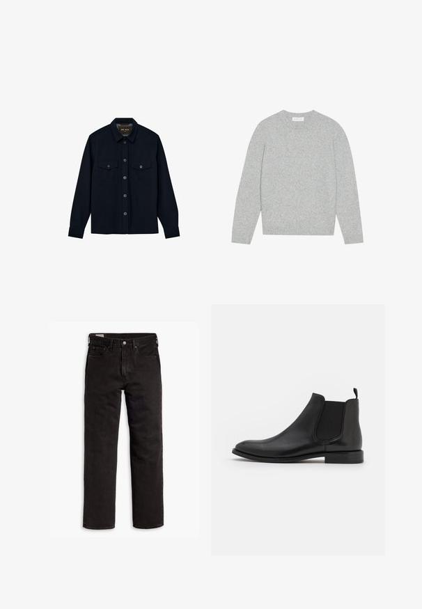 Marineblaues Hemd mit Knopfverschluss, langen Ärmeln und zwei Brusttaschen. Hergestellt aus einem glatten Stoff mit klassischem Kragen und feinen Nähten.; Hellgrauer Wollpullover mit rundem Ausschnitt, langen Ärmeln und gerippten Bündchen und Saum. Weiche Textur mit einem soliden, minimalistischen Design.; Schwarze gerade Jeans aus Denim mit fünf Taschen, Knopfverschluss und Gürtelschlaufen, flach auf einem weißen Hintergrund ausgelegt.; Schwarze Leder-Chelsea-Stiefel mit elastischen seitlichen Riemen, einer abgerundeten Kappe und einem niedrigen Absatz. Glatte Textur mit minimalistischer Gestaltung.