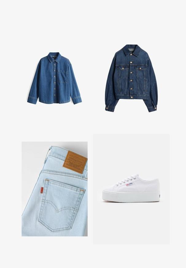 Dunkelblaue Jeansjacke mit klassischem Kragen, Knopfverschluss, zwei Brusttaschen und lockerem Sitz mit leicht gerafften Ärmeln.; Jeanshemd, hellblau, langärmlig, Knopfleiste vorne, Kragen, eine Brusttasche, kontrastierende Nähte und ein lässiger Schnitt.; Hellblaue Denim-Jeans mit sichtbarer Gesäßtasche, rotem Levi's-Label und braunem Leder Patch der Marke Levi Strauss & Co.; Weiße Leinenschuhe mit einer dicken weißen Plattformsohle, runder Zehenpartie und Metallösen für die Schnürsenkel. Markenlogo an der Seite angebracht.