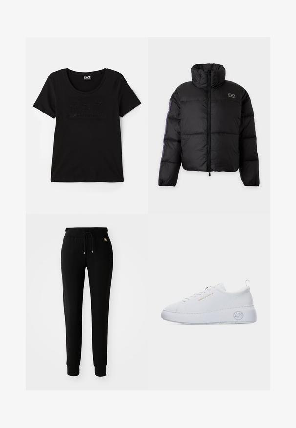 Chaqueta acolchada negra con cuello alto, cremallera completa frontal y logotipo en el pecho izquierdo, con detalle de rayas en contraste en las mangas.; Camiseta negra de manga corta hecha de tela suave, con un logo sutil y brillante en un diseño tonal en la parte frontal. Escote redondo.; Pantalones de chándal negros ajustados con cintura con cordón y tobillos ceñidos, mostrados sobre un fondo blanco plano.; Zapatilla blanca de corte bajo con suela gruesa, texto dorado "Armani Exchange" en el lateral y logotipo "AX" en relieve en el área del talón.