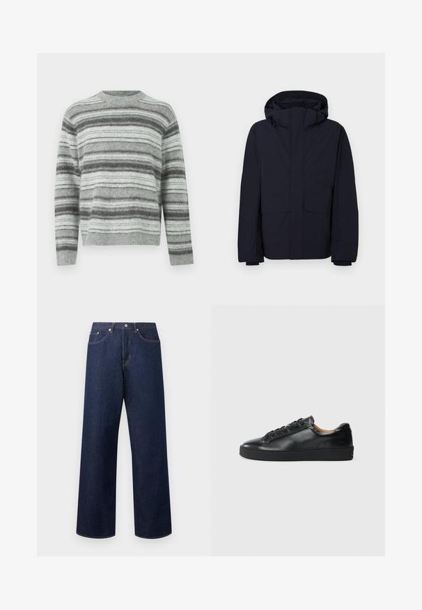 Parka bleu marine en tissu déperlant, dotée d'une grande capuche, d'une fermeture éclair frontale et de deux grandes poches avant. Texture lisse, coupe décontractée.; Pull gris clair avec des rayures horizontales gris foncé et blanches, fabriqué en matière tricotée douce, doté d'un col rond et de manches longues.; Jean denim bleu foncé à jambes larges avec cinq poches, fermeture à bouton, et coutures contrastantes, présenté sur un fond clair uni.; Baskets en cuir noir avec une texture lisse, bout rond et fermeture à lacets. Comprend une semelle en caoutchouc épaisse et un minimum de détails de marque.