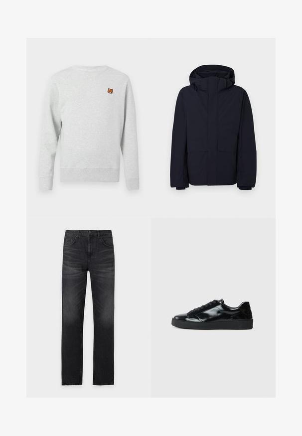 Parka bleu marine en tissu déperlant, dotée d'une grande capuche, d'une fermeture éclair frontale et de deux grandes poches avant. Texture lisse, coupe décontractée.; Sweatshirt gris à manches longues, col rond et poignets côtelés, avec une petite tête de renard brodée sur le côté gauche de la poitrine. Tissu doux et texturé.; Jean noir à jambes droites avec poches avant, passants de ceinture et détails subtilement délavés sur les cuisses.; Baskets en cuir verni noir avec un bout arrondi, un laçage, une semelle en caoutchouc texturé et une finition lisse.