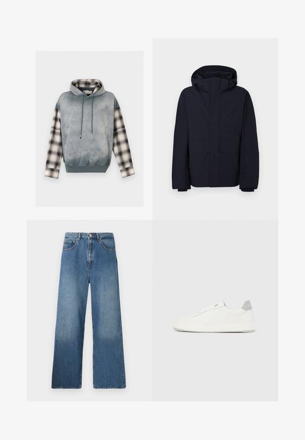 Parka bleu marine en tissu déperlant, dotée d'une grande capuche, d'une fermeture éclair frontale et de deux grandes poches avant. Texture lisse, coupe décontractée.; Sweat à capuche avec corps gris charbon, manches longues à carreaux, poche avant et capuche réglable avec cordon.; Jean en denim bleu à jambes évasées avec un design classique à cinq poches, fermeture à bouton à l'avant et légères décolorations pour ajouter de la texture.; Baskets basses blanches avec un onglet de talon gris, des lacets blancs et une semelle texturée, présentées sur un fond uni clair.