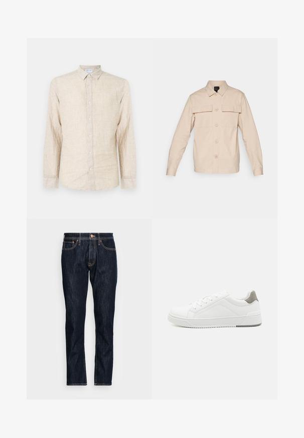Camisa de botón beige hecha de tela ligera, con dos bolsillos en el pecho, cuello puntiagudo y mangas largas con puños abotonados.; Camisa de manga larga beige hecha de tela texturizada, con un cuello clásico, cierre de botones y un corte relajado.; Jeans de mezclilla azul oscuro con corte recto. Incluye dos bolsillos frontales, un cierre de botón y detalles de costura en naranja contrastante.; Zapatilla blanca con material de cuero liso, punta redonda, diseño minimalista, acento gris en el talón y suela de goma texturizada.