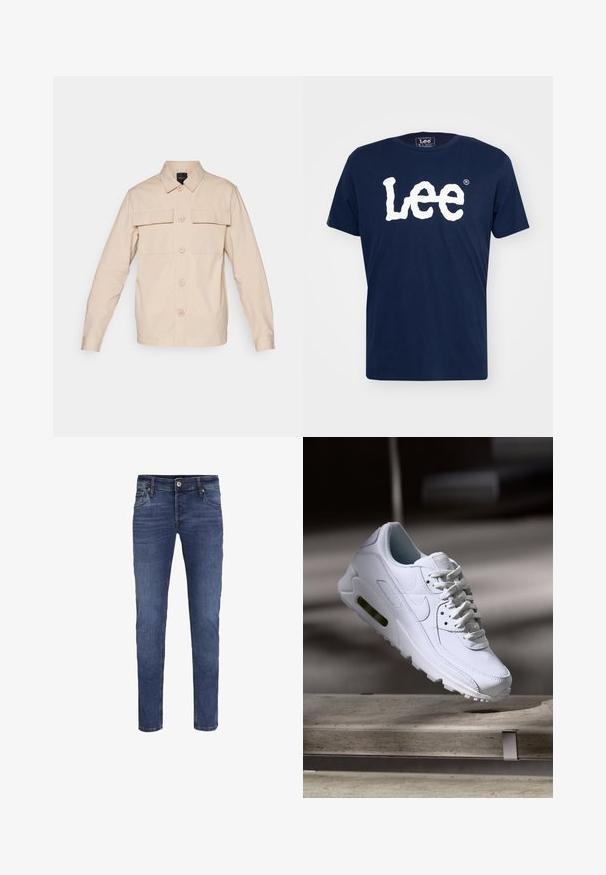 Beige knap-up skjorte lavet af letvægtsstof, med to brystlommer, en spids krave og lange ærmer med knapmanchetter.; Marineblå bomulds T-shirt med et stort hvidt "Lee" logo på fronten. Korte ærmer og en standard rund halsudskæring.; Slim-fit blå denim jeans til mænd med knap- og lynlåslukning, for- og baglommer samt subtile blege detaljer.; Hvide lædersneakers med teksturerede overflader, polstret krave og synlig luftpolstring i sålen. Har snørrebånd og et minimalistisk design.