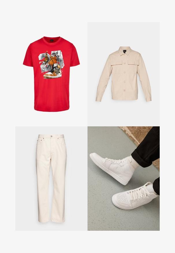Beige knap-up skjorte lavet af letvægtsstof, med to brystlommer, en spids krave og lange ærmer med knapmanchetter.; Rød bomulds T-shirt med et grafisk motiv af en basketball, en sneaker og teksten "ARBEJD HÅRD DRØM STORT." Designet indeholder sorte og orange detaljer.; Cremfarvet denim jeans med lige ben. Har fem lommer, frontlukning med knap og kontrasterende syninger.; Hvide høj-top sneakers lavet af glat læder med perforeret tå, snørelukning og subtil logo detaljer på siden. Tekstureret gummisål.