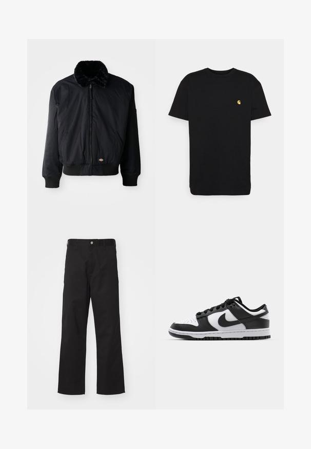 Chaqueta bomber negra con cuello forrado de piel, cierre con cremallera, puños y dobladillo acanalados, que cuenta con dos bolsillos laterales y un pequeño logo cerca del dobladillo.; Camiseta de algodón negra con mangas cortas, cuello redondo y un pequeño logo amarillo en el área del pecho izquierdo. Diseño simple y ajuste regular.; Pantalones negros de tela duradera con un corte recto, que presentan un cierre frontal con botón, passadores para cinturón y sin patrones o acentos visibles.; Zapatillas Nike Dunk en blanco y negro con parte superior de cuero, puntera perforada, cordones negros y suela de goma negra con diseño de tracción.