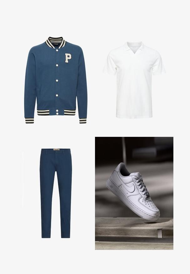Blauwe varsityjack van katoenmix, met een witte "P" patch, gestreepte ribgebreide kraag en manchet, en drukknoopsluiting.; Witte polo shirt met korte mouwen en V-halsontwerp, gemaakt van zacht materiaal; heeft een subtiele logo op de borst. Gladde textuur, casual pasvorm.; Marineblauwe slim-fit herenbroek met riemlussen, sluiting met knoop aan de voorkant en zijzakken, tentoongesteld tegen een witte achtergrond.; Witte Nike Air Force 1 sneaker van leer met geperforeerde neus, platte veters en een gestructureerde rubberen zool met "AIR"-logo aan de zijkant.