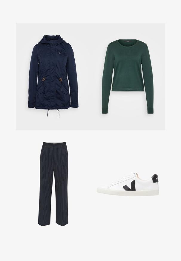 Mørkeblå udendørs jakke med en lynlåslomme på brystet, snore i taljen og to forlommer. Fremstillet af letvægtigt materiale.; Grøn sweater, ribbet tekstur, rund hals, lange ærmer og cropped længde. Glat materiale med en ensfarvet overflade uden synlige mønstre eller detaljer.; Mørkeblå bukser med hvide lodrette striber, vide ben, glat stof, bælteløkker og en midtersøm foran for et skræddersyet udseende.; Hvide sneakers med et sort V-logo, der har en glat læderoverdel, rund tå, snørrelukning og en kontrasterende sort hælflap.