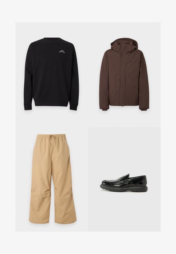 Doudoune marron avec un col montant et une capuche, comprenant deux grandes poches avant et une fermeture éclair. Fabriquée en matériau résistant aux intempéries.; Sweat-shirt noir à manches longues col rond avec petit logo blanc "A C W" et motif de crochets sur la partie supérieure gauche de la poitrine.; Pantalons larges beiges en tissu léger, avec une taille élastique dotée d'un cordon de serrage et des accents cousus près de l'ourlet.; Mocassin en cuir noir avec une finition brillante, bout arrondi, détails de couture subtils et semelle en caoutchouc épaisse pour la durabilité.