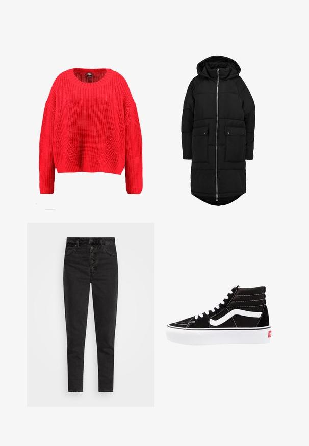 Sort pufferjakke med hætte, lang model, foran lynlås, to ydre lommer og en let buet søm. Har en quiltet tekstur.; Rød strikket sweater med rund halsudskæring, sænkede skuldre og ribbet kant. Har et struktureret, chunky mønster over det hele.; Højtaljede sorte denimjeans med knaplukning, fem lommer og slim fit. Glat tekstur med minimal falmet og uden udsmykninger.; Sorte høj-top sneakers med hvide snørebånd, et hvidt logo og kontrasterende hvid syning. Har en tyk hvid sål og struktureret ruskindsoverdel.