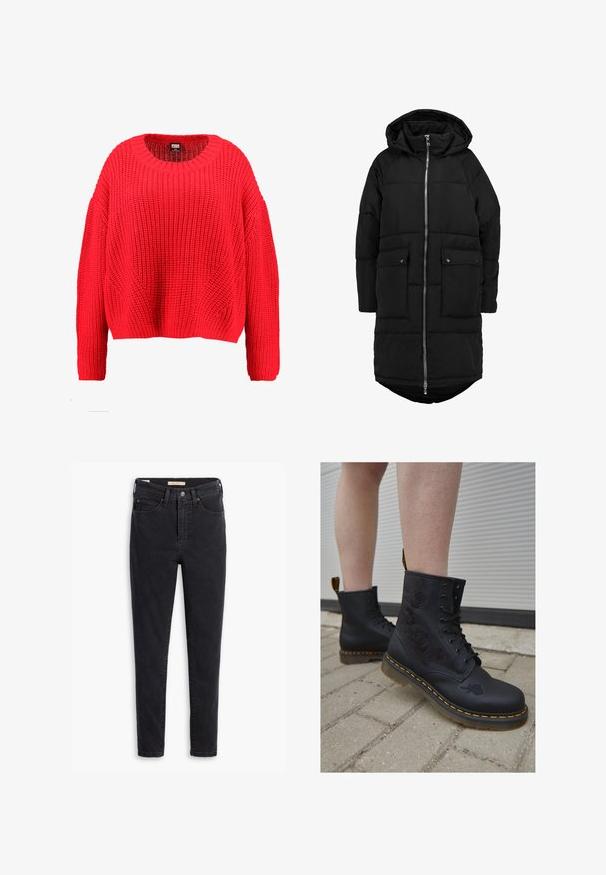 Schwarze Pufferjacke mit Kapuze, langes Design, Reißverschluss vorne, zwei Außentaschen und einem leicht gewölbten Saum. Hat eine gesteppten Textur.; Roter Strickpullover mit rundem Ausschnitt, überschnittenen Schultern und geripptem Saum. Verfügt über ein strukturiertes, grob gestricktes Muster überall.; Schwarze Denim-Jeans mit hoher Taille, schmaler Passform und minimalen Nähdetails. Der Stoff zeigt eine leichte Textur mit einer glatten Oberfläche.; Schwarze Lederstiefel mit floralen Stickereien, Schnürdesign, orangefarbenen Nähten und einer dicken, transparenten Sohle auf einer strukturierten Oberfläche.