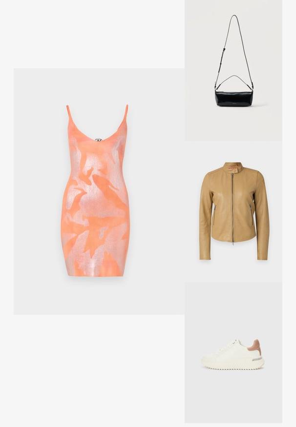 Brun læderjakke med opretstående krave, frontlynlås og to sidelommer med lynlås. Glat tekstur med skræddersyet pasform og buet kant.; Strikket bodycon kjole i orange med et glimrende overlay. Har tynde stropper, en dyb V-hals og et bladmønster. Generelt glat tekstur.; Hvid sneaker lavet af glat læder med en tan accent på hælen og en tekstureret sål med riller, der fremhæver et moderne design.; Sort rektangulær læder crossbody-taske med justerbar skulderrem, top lynlås og lille gyldent Calvin Klein-logo foran.