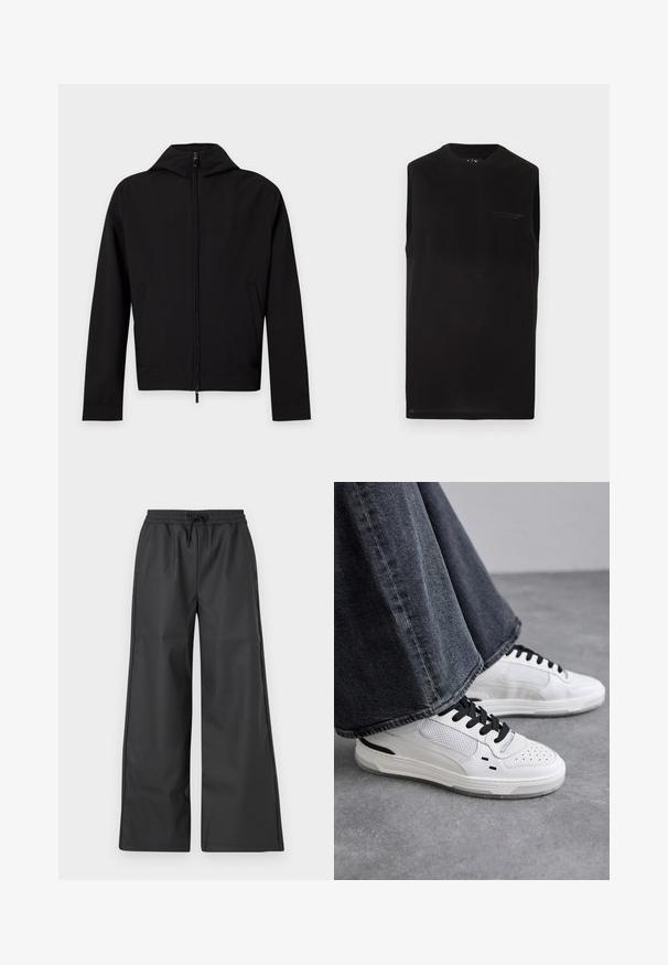 Zwarte jas met ritssluiting, lange mouwen en capuchon, plat afgebeeld tegen een witte achtergrond.; Zwarte mouwloze top met ronde hals en een subtiel "Armani Exchange" logo op de linkerborst, getoond tegen een effen witte achtergrond.; Han Kjøbenhavn RELAXED TRACK TROUSERS - Broek - black; Witte sneakers met zwarte veters en mesh-details. Beschikt over een gladde leren bovenkant en een gestructureerde rubberen zool. Gepaard met brede grijze jeans.