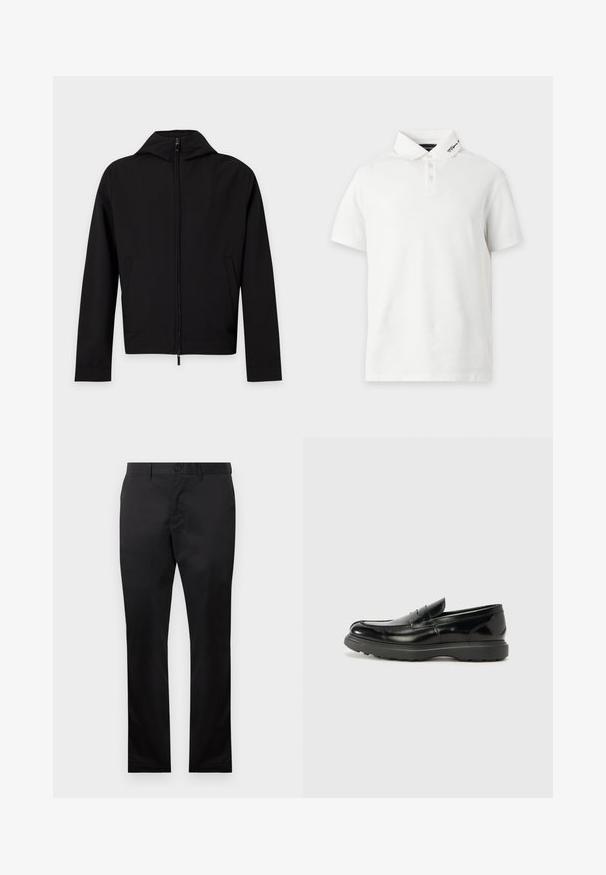Sort lynlåstrøje med lange ærmer og hætte, vist fladt mod en hvid baggrund.; Hvid polo t-shirt med korte ærmer, tre knapper og lille sort logo broderi på højre side af kraven.; Sorte bomuldsbukser med lige ben-design, der har en frontknaplukning og sidelommer, glat tekstur, ingen synlige mønstre.; Sort læderloafer med en blank finish, rund tå, subtile syninger og en tyk gummisål for holdbarhed.