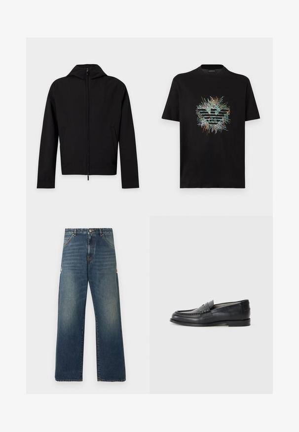 Veste noire zippée à manches longues avec une capuche, présentée à plat sur fond blanc.; T-shirt en coton noir présentant un graphisme coloré et abstrait au centre, composé de lignes et de formes, créant un contraste visuel saisissant.; Jean en denim bleu à jambes droites avec taille mi-haute, design classique à cinq poches et légère décoloration subtile sur les cuisses et les genoux.; Mocassins en cuir noir avec une finition lisse, un bout rond, une sangle décorative et un design minimaliste. Présentent un petit talon carré.