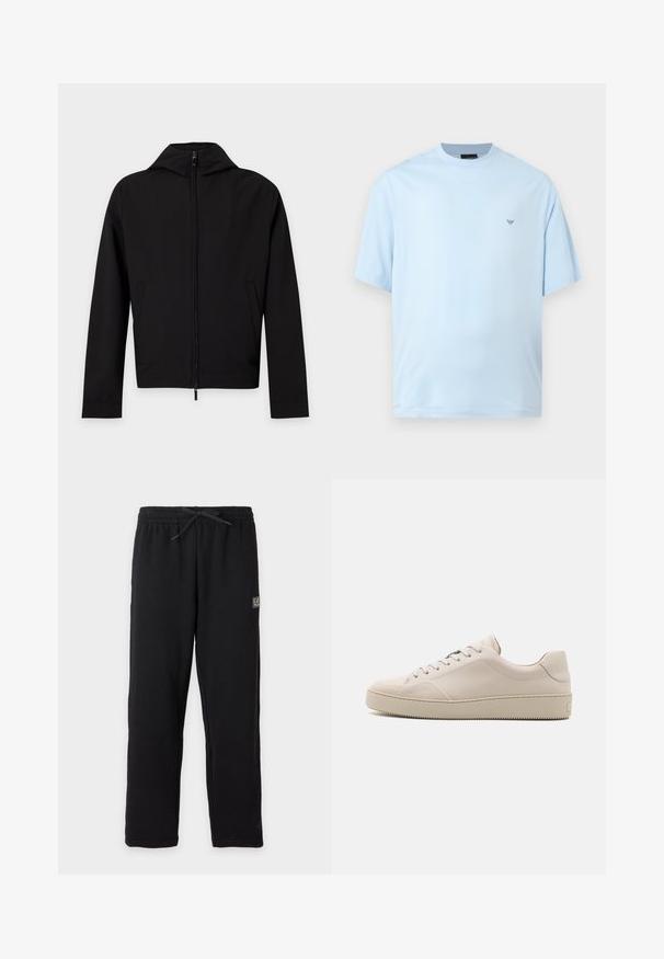 Sort lynlåstrøje med lange ærmer og hætte, vist fladt mod en hvid baggrund.; Lyseblå T-shirt med korte ærmer og rund halsudskæring med lille sort logo på venstre bryst, vist på en ensfarvet hvid baggrund.; Sorte joggingbukser med elastisk talje og snøre, med et lille rektangulært EA7-logo på øvre venstre lår.; Beige lædersneakers med en glat finish, rund tå, flad sål og klassisk snøredesign. Subtile syninger og struktureret ydersål.