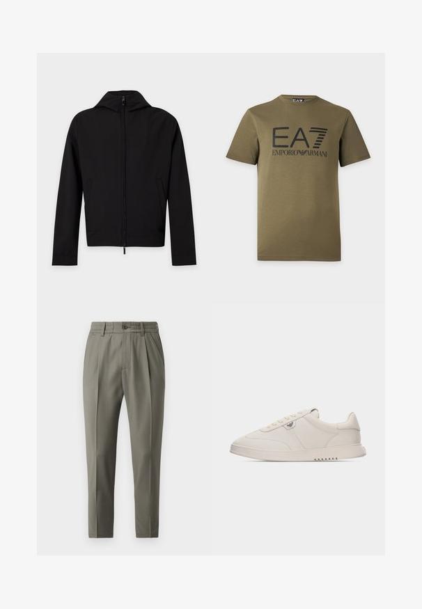 Sort lynlåstrøje med lange ærmer og hætte, vist fladt mod en hvid baggrund.; Olivengrøn kortærmet t-shirt med sort "EA7 Emporio Armani"-logo trykt på forsiden.; Beige skræddersyede bukser med lige ben, der har en knaplukning, folder foran og en elastisk talje for komfort.; Hvid lavtop sneaker med snørebånd, glat læderoverdel, diskret syning og et lille metallisk logo på siden.