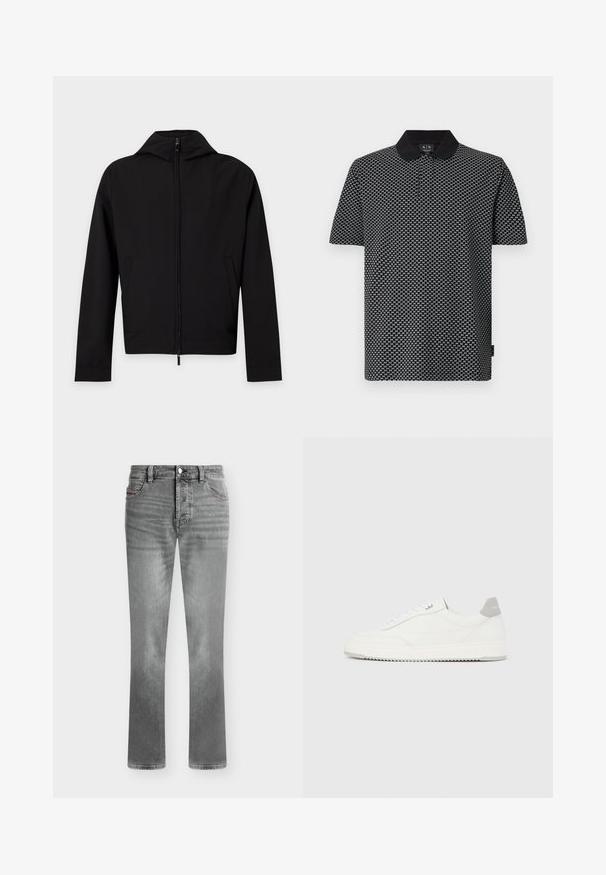 Veste noire zippée à manches longues avec une capuche, présentée à plat sur fond blanc.; Polo manches courtes noir et blanc avec un motif "AX" discret sur toute la surface et col noir uni, présenté sur fond uni.; Jean gris à coupe droite, fermeture par bouton et zip, poches avant et arrière, avec des détails subtilement délavés.; Baskets basses blanches avec un onglet de talon gris, des lacets blancs et une semelle texturée, présentées sur un fond uni clair.
