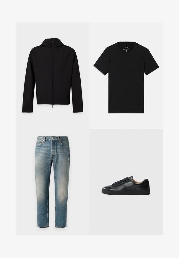 Zwarte jas met ritssluiting, lange mouwen en capuchon, plat afgebeeld tegen een witte achtergrond.; Zwarte t-shirt van katoen, met korte mouwen, een ronde halslijn en een label met het merkmenk op de binnenkant van de kraag.; Lichtblauwe denim jeans met een rechte snit. Met een knoopsluiting, vijf zakken en subtiele vervagings en wassing op de dijen.; Zwarte leren sneaker met een gladde textuur, ronde neus en vetersluiting. Heeft een dikke rubberen zool en minimale merkaanpassing.