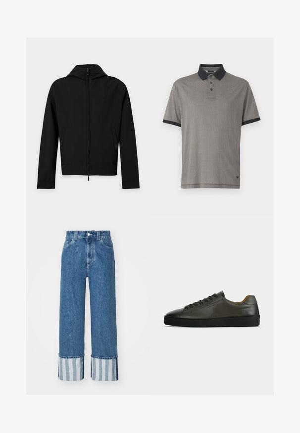 Veste noire zippée à manches longues avec une capuche, présentée à plat sur fond blanc.; Polo à manches courtes en motif écossais noir et gris, avec un col noir et une patte de boutonnage à trois boutons. Tissu doux avec une texture lisse.; Jean en denim à jambes larges en bleu moyen, avec un ourlet à rayures verticales bleues et blanches. Design classique à cinq poches avec une fermeture à bouton.; Basket basse en cuir gris foncé avec lacets et semelle noirs, design minimaliste, profil latéral sur un fond clair uni.