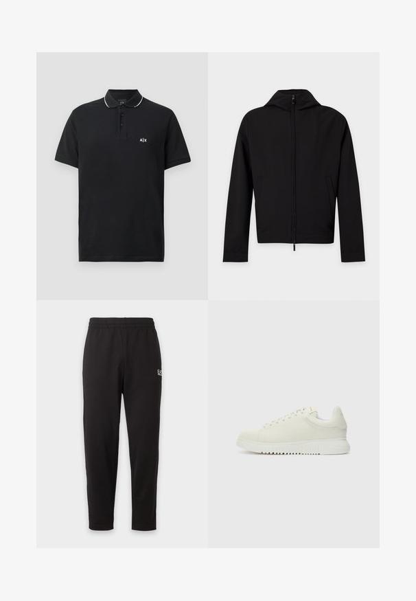 Μαύρο μπουφάν με φερμουάρ, μακριά μανίκια και κουκούλα, εμφανίζεται επίπεδο πάνω σε λευκό φόντο.; Μαύρο πόλο μπλουζάκι από βαμβάκι, με κλασικό γιακά, τρεις κουμπίσεις, λευκές λεπτομέρειες στον γιακά και μικρό λογότυπο στο στήθος.; Μαύρη ελαστική φόρμα με κωνικά μπατζάκια και μικρό λευκό λογότυπο στο άνω αριστερό μηρό.; Λευκό δερμάτινο sneaker με υφή στην πάνω επιφάνεια, στρογγυλή μύτη, επίπετη λευκή σόλα και τόνος κορδόνια. Διακριτική σήμανση στη γλώσσα.