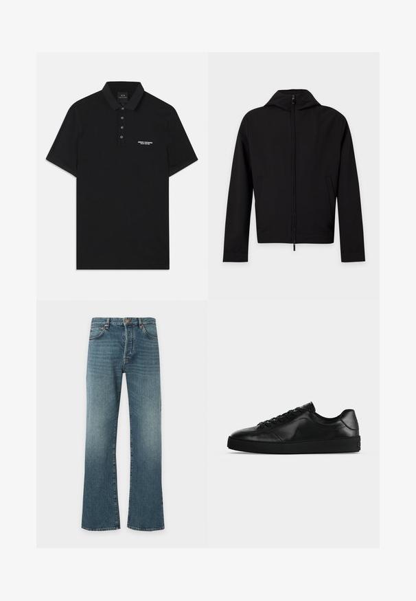 Veste noire zippée à manches longues avec une capuche, présentée à plat sur fond blanc.; Polo noir en coton, avec un col standard, une patte de boutonnage à trois boutons et un petit logo blanc "Armani Exchange" sur le côté gauche.; Jean en denim bleu avec un léger évasement en bas, design classique à cinq poches, fermeture par bouton et fermeture éclair, et légère décoloration sur les cuisses.; Sneaker noir en cuir à profil bas avec lacets sur le devant et semelle plate texturée, montré de profil sur un fond neutre.