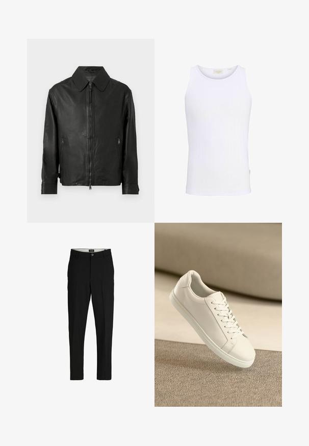 Zwarte leren jas met een kraag, ritssluiting aan de voorkant, zijzakken met rits en lange mouwen met manchetdetails.; Wit geribbeld mouwloos tanktop met ronde halslijn en een klein merklintje aan de binnenkant van de kraag.; Zwarte broek van gladde stof, met een gestructureerd ontwerp, rechte pijpen, twee zijzakken en een enkele knoopsluiting.; Witte leren sneaker met witte veters, weergegeven op een beige textuurovervlak en een zacht vervaagd achtergrond.