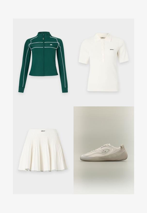 Mørkegrøn langærmet jakke med lynlås og hvide kantdetaljer langs ærmer og bryst, med en lille hvid logo på venstre bryst.; Hvid kortærmet ribbet poloshirt med krave og knapstolpe, med lille sort "ellesse" logo på venstre bryst.; Hvid plisseret tennisnederdel med bred linning og et lille ellesse-logo foran i midten.; Hvid og beige low-top sneaker med rundet sål, mesh- og ruskindspaneler, snøredesign og lille krokodillelogo på siden.