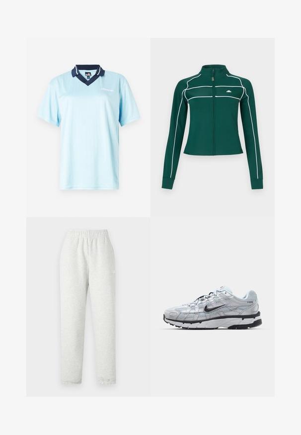 Veste zippée à manches longues de couleur vert foncé avec des bordures blanches le long des manches et de la poitrine, arborant un petit logo blanc sur la poitrine gauche.; Polo bleu clair à manches courtes avec un col navy. Rayures verticales et logo en accent à l'avant. Tissu lisse et léger.; Pantalon de survêtement gris clair avec une taille élastique, des jambes fuselées et des poignets côtelés. Fabriqué à partir d'un tissu doux et texturé. Détail logo blanc sur le côté.; Baskets Nike P-6000 avec une tige en mesh gris clair, des accents noirs et une semelle en caoutchouc noir durable. Présente un design complexe et un système de laçage.