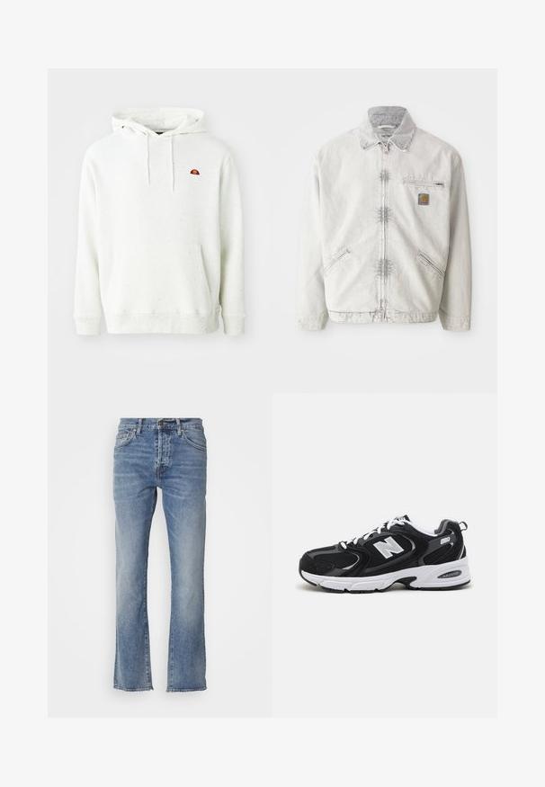 Hellgraue Jeansjacke mit einem Reißverschluss vorne, Cordkragen, zwei Vordertaschen und einer Brusttasche mit einem Logo-Patch. Weicher, strukturierter Stoff.; Weiß gesprenkelter Kapuzenpullover mit einer Fronttasche, verstellbarem Kordelzug an der Kapuze und einem kleinen mehrfarbigen Logo auf der linken Brust.; Hellblaue Denim-Jeans mit geradem Bein, fünf Taschen und einem kleinen Metallknopf am Bund. Ausfransender Saum.; Schwarze und graue Sportschuhe mit Obermaterial aus Mesh und Wildleder, ausgestattet mit einer weißen Zwischensohle, Schnürsenkeln und einem markanten "N"-Logo an der Seite.