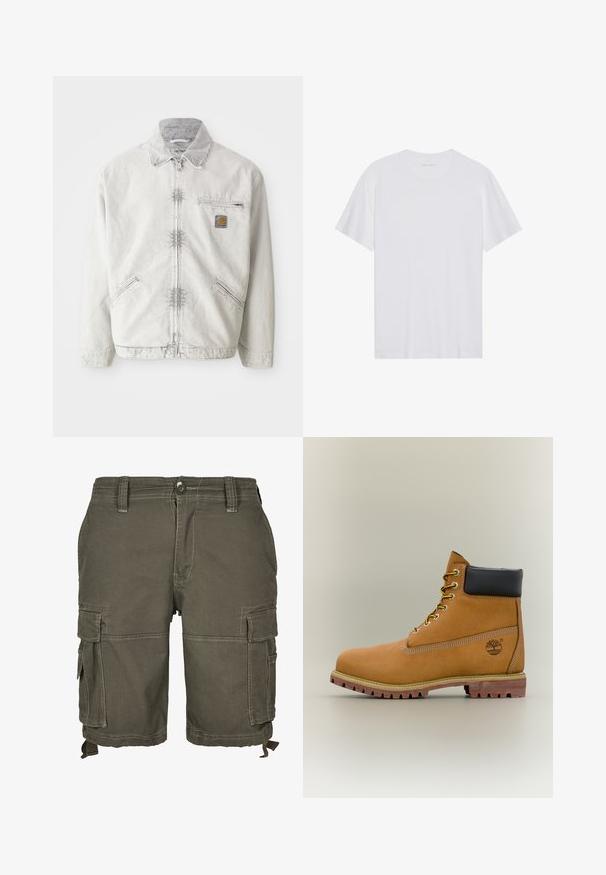Chaqueta de mezclilla gris claro con cierre frontal, cuello de pana, dos bolsillos frontales y un bolsillo en el pecho con un parche de logo. Tejido suave y texturizado.; Camiseta de algodón blanca con mangas cortas, cuello redondo y una textura suave. Presenta una marca mínima en el escote.; Pantalones cortos cargo en verde oliva, fabricados con tejido duradero, que cuentan con múltiples bolsillos laterales, pasantes para cinturón y detalles cosidos para añadir textura.; Bota de tobillo de cuero marrón con cuello negro, cordones amarillos y suela beige. Presenta un logotipo y detalles de costura blanca. Suela exterior con tracción robusta.