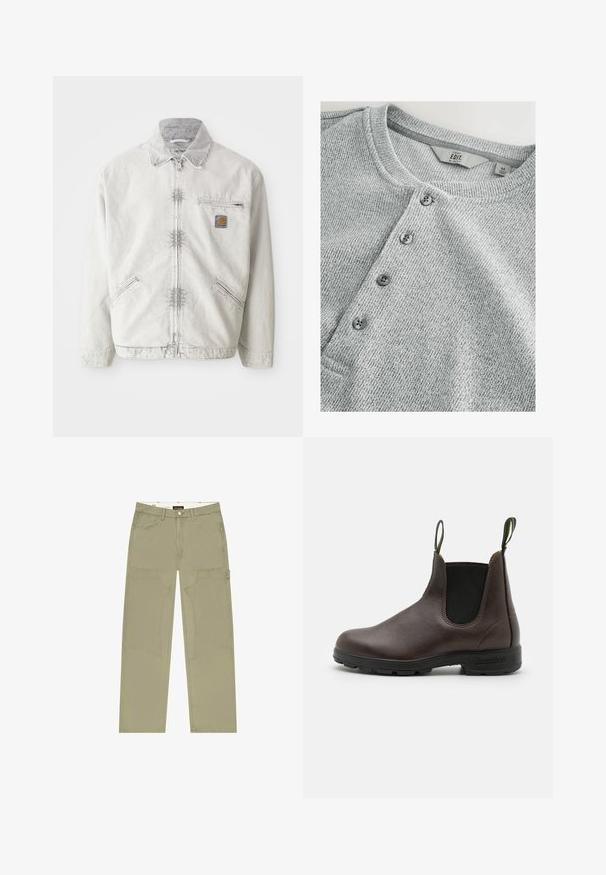Veste en denim gris clair avec fermeture éclair à l'avant, col en velours côtelé, deux poches avant et une poche poitrine avec un patch logo. Tissu doux et texturé.; Chemise en tricot gris à manches longues avec col rond, patte de boutonnage à cinq boutons, texture côtelée et design ajusté. L'étiquette indique la taille M.; Pantalon large kaki en tissu robuste, avec de grandes poches plaquées et des coutures contrastées. Fermeture boutonnée à la taille.; Bottine Chelsea en cuir marron avec des panneaux élastiques sur les côtés, des anses en haut et une semelle en caoutchouc durable, présentant une finition lisse.