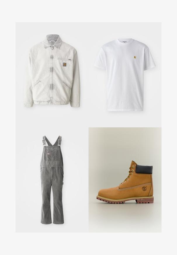 Lichtgrijze denimjack met ritssluiting aan de voorkant, corduroy kraag, twee voorzakken en een borstzak met een logopatch. Zachte, gestructureerde stof.; Witte katoenen t-shirt met korte mouwen en ronde hals, voorzien van een klein gouden logo op de linkerkant van de borst. Zachte textuur en een normale pasvorm.; Grijze denim salopettes met verstelbare bandjes, een borstzak aan de voorkant, zakken aan de zijkanten en flared pijpen. Stevige stof en een ontspannen pasvorm voor comfort.; Bruine leren enkellaars met zwarte kraag, gele veters en een zandkleurige zool. Voorzien van een logo en witte stikseldetails. Robuuste loopzool met grip.