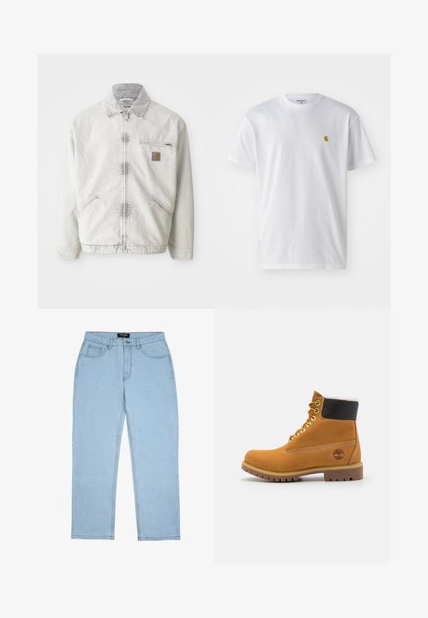 Chaqueta de mezclilla gris claro con cierre frontal, cuello de pana, dos bolsillos frontales y un bolsillo en el pecho con un parche de logo. Tejido suave y texturizado.; Camiseta de algodón blanca con mangas cortas, cuello redondo, que presenta un pequeño logo dorado en la parte izquierda del pecho. Textura suave y corte regular.; Jeans de pierna recta de color azul claro con bolsillos delanteros, trabillas para cinturón, cierre de botón y detalles de costura visibles.; Botín de cuero marrón con ojales de metal, forro de piel sintética blanca, cuello acolchado negro, suela resistente y logotipo en relieve en el costado.