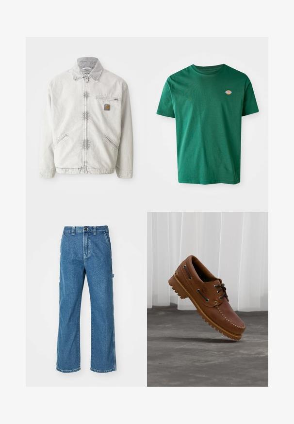 Chaqueta de mezclilla gris claro con cierre frontal, cuello de pana, dos bolsillos frontales y un bolsillo en el pecho con un parche de logo. Tejido suave y texturizado.; Camiseta de algodón verde con cuello redondo, mangas cortas y un pequeño logotipo multicolor en el lado izquierdo del pecho. Textura suave, diseño casual.; Pantalones cargo de mezclilla azul con un corte relajado, que cuentan con bolsillos laterales, cremallera en la bragueta y costuras de contraste en las costuras.; Zapato náutico de cuero marrón con cordones negros, costuras beige y una suela resistente, suspendido sobre un suelo de hormigón gris.