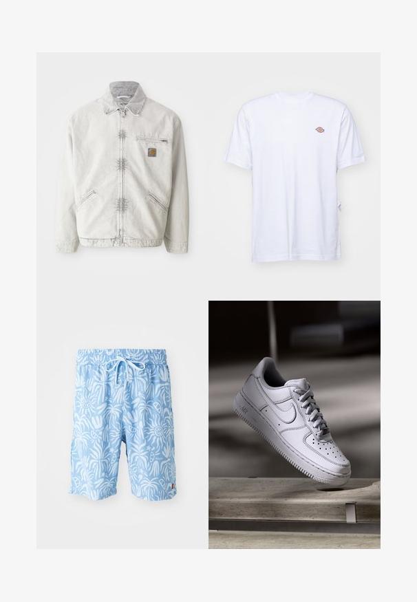 Lichtgrijze denimjack met ritssluiting aan de voorkant, corduroy kraag, twee voorzakken en een borstzak met een logopatch. Zachte, gestructureerde stof.; Witte katoenen t-shirt met een v-hals en korte mouwen. Kenmerkt zich door een klein kleurrijk geborduurd logo op de linkerkant van de borst. Zachte textuur.; Lichtblauwe zwembroek met een wit abstract patroon, elastische tailleband en trekkoord. Logo aan de voorkant links en zijsplitten aan de zoom.; Witte Nike Air Force 1 sneaker van leer met geperforeerde neus, platte veters en een gestructureerde rubberen zool met "AIR"-logo aan de zijkant.