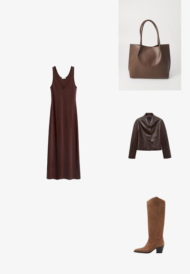 Veste courte en cuir marron avec un col cranté, trois boutons et deux poches avant. Texture lisse avec une forme structurée.; Robe maxi sans manches marron avec un décolleté rond, texture lisse et coupe droite, conçue pour un ajustement décontracté.; Bottes en daim marron jusqu'au genou avec un bout pointu, un talon incliné et des coutures décoratives sur la tige. Texture lisse et design effilé.; Sac en cuir marron avec deux longues poignées, forme structurée, texture lisse et design minimaliste. Aucun matériel ni accent visible.