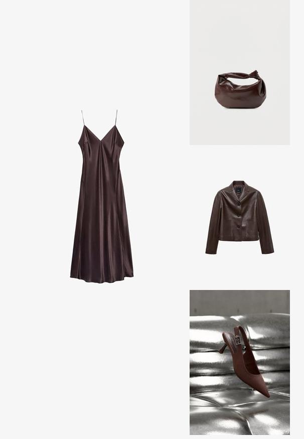 Bruine leren cropped jack met een notch-kraag, drie knopen en twee voortassen. Glad textuur met een gestructureerde vorm.; Chocoladebruine slipdress van satijn met een V-hals, dunne bandjes en een vloeiende zoom die halverwege de kuit valt. Soepele textuur en minimalistisch ontwerp.; Bruine puntschoen met slingback, lage hak en gespband, rustend op een glanzend, zilverkleurig, getuft oppervlak.; Donkerbruine leren schoudertas met een zachte, slungelige vorm en een gedraaide knoopvormige handgreep op een effen witte achtergrond.