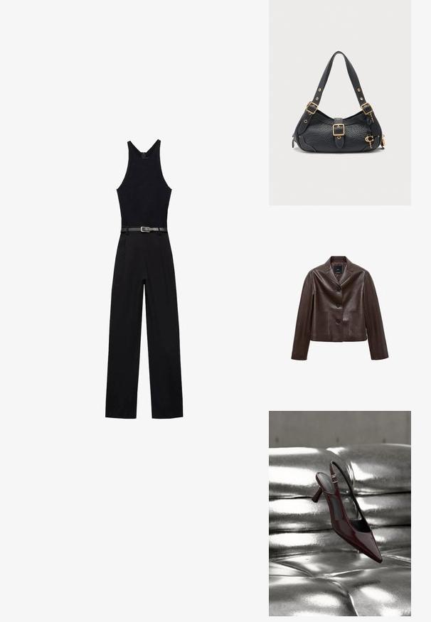 Brun læder cropped jakke med en spids krave, tre knapper og to forlommer. Glat tekstur med en struktureret form.; Sort jumpsuit med en tætsiddende, ærmeløs top med en rund halsudskæring og brede ben. Inkluderer et sort bælte med en sølvspænde.; Blank mørkerød slingback højhælet sko med spids tå, vist på en skinnende sølvfarvet polstret læderoverflade.; Sort tekstureret læderhåndtaske med gyldne spænder, justerbar rem og lille gylden nøglevedhæng på siden mod en ensfarvet lys baggrund.