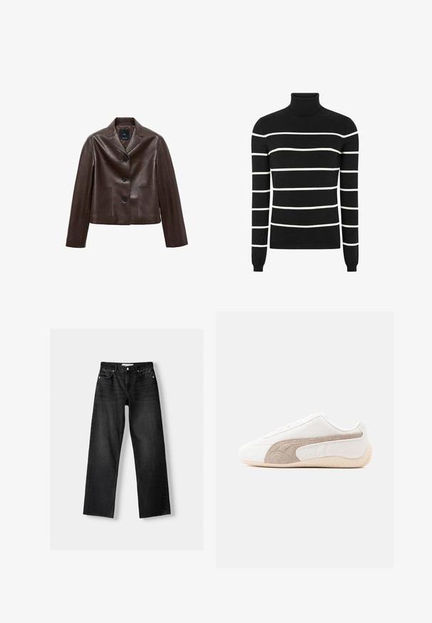 Braune Leder-Cropped-Jacke mit Spitzkragen, drei Knöpfen und zwei vorderen Taschen. Glatte Textur mit strukturierter Form.; Soft Rebels MARLA ROLLNECK STRIPE - Strickpullover - black; Bershka Jeans Straight Leg - mottled dark grey; Weißer Puma Sneaker mit beigem Wildleder-Formstreifen und hellbeiger Sohle, Seitenansicht auf weißem Hintergrund.