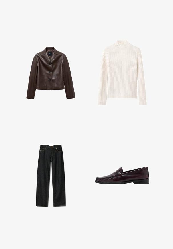 Bruine leren cropped jack met een notch-kraag, drie knopen en twee voortassen. Glad textuur met een gestructureerde vorm.; Geribbelde coltrui in off-white, gemaakt van zachte gebreide stof. Heeft lange mouwen en een aansluitend silhouet.; Donkerdenim jeans met een rechte snit, messing knoopsluiting en contrasterende gele stiksels. Beschikt over vijf zakken en een klassieke pasvorm.; Donkerbruine leren penny loafer voor mannen met een zwarte zool en stiksels langs de neus, weergegeven in zijprofiel.