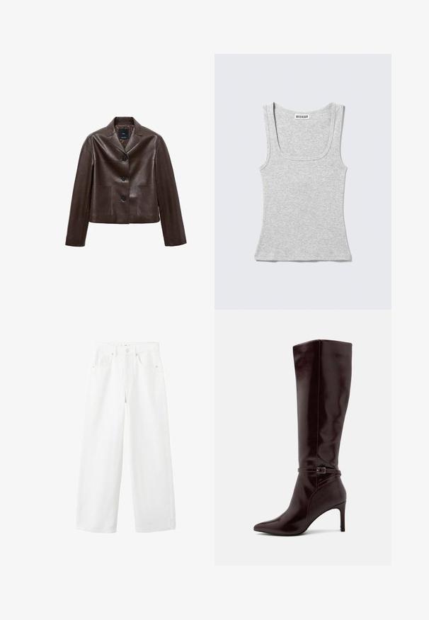 Bruine leren cropped jack met een notch-kraag, drie knopen en twee voortassen. Glad textuur met een gestructureerde vorm.; Lichtgrijs geribd mouwloos tanktop met een ronde halslijn en een "WEEKDAY" label binnen in de kraag.; Witte high-rise denim broek met wijde pijpen, voorzien van knopen aan de voorkant, rits, riemlussen en een ontwerp met vijf zakken op een effen achtergrond.; Anna Field Laarzen - bordeaux