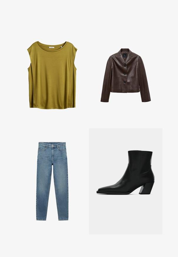 Bruine leren cropped jack met een notch-kraag, drie knopen en twee voortassen. Glad textuur met een gestructureerde vorm.; Olijfgroen mouwloos shirt met een ronde halslijn, gemaakt van zachte stof, met een ontspannen pasvorm en een vereenvoudigd ontwerp.; Lichte blauwe denim jeans met een rechte snit, vijf-pocket ontwerp en een licht vervaagde textuur. Klassieke knoop- en ritssluiting.; Zwarte leren enkelboot met een spitse neus, een slanke silhoeet en een chunky vierkante hak. Gladde textuur met minimale stikdetails.