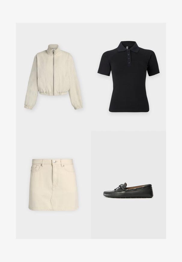 Veste beige clair zippée avec col montant, manches longues, poignets et ourlet élastiqués, présentée sur un fond uni.; Polo noir à manches courtes, col côtelé et patte à cinq boutons. Tissu lisse et extensible.; Mini-jupe en denim écru avec passants de ceinture, fermeture par boutons sur le devant et deux poches avant sur un fond uni.; Bateau en cuir noir avec un bout arrondi, des détails de couture, un petit accent en nœud et une semelle en caoutchouc. Texture lisse et design épuré.